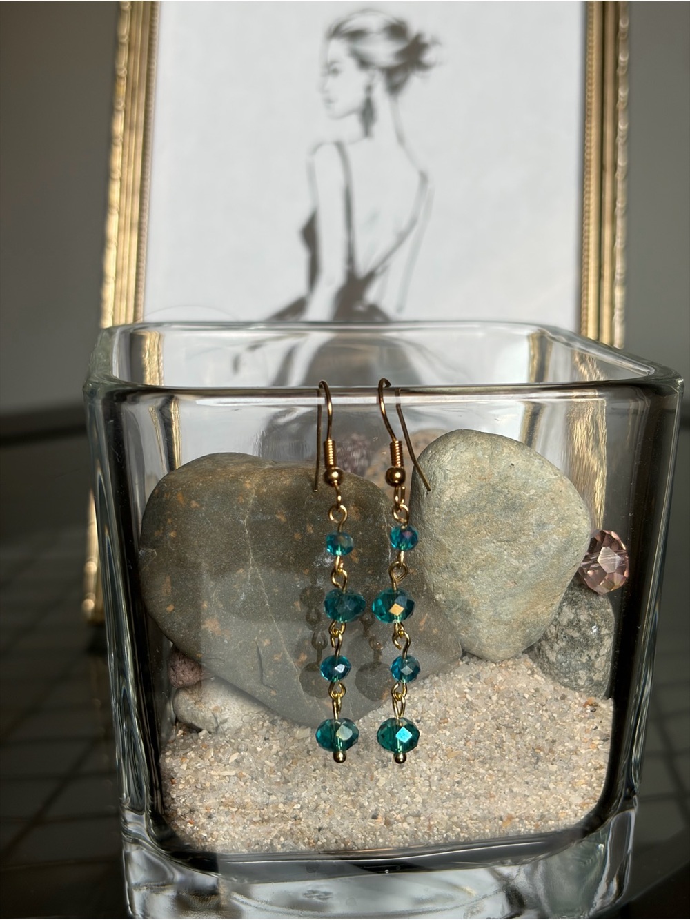 Handcrafted Gold-Tone Teal/Blue Crystal Dangle Earrings